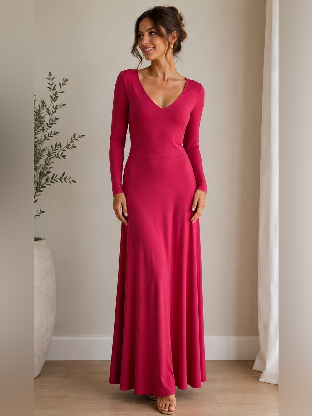 Vintage Newport News Women’s Fuchsia Long Sleeve V-Neck Maxi Dress